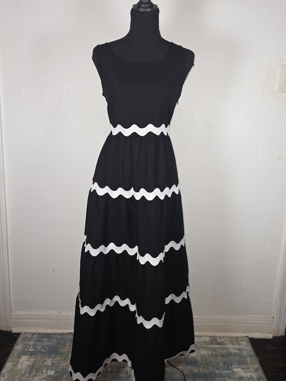 Black Maxi Dress with White Wave Trim
